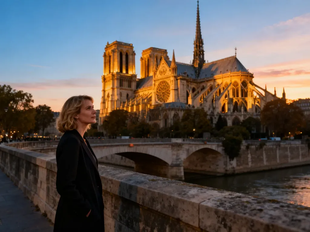 Kobieta podziwiająca katedrę Notre-Dame w Paryżu podczas zachodu słońca, podkreślająca majestat gotyckiej architektury.