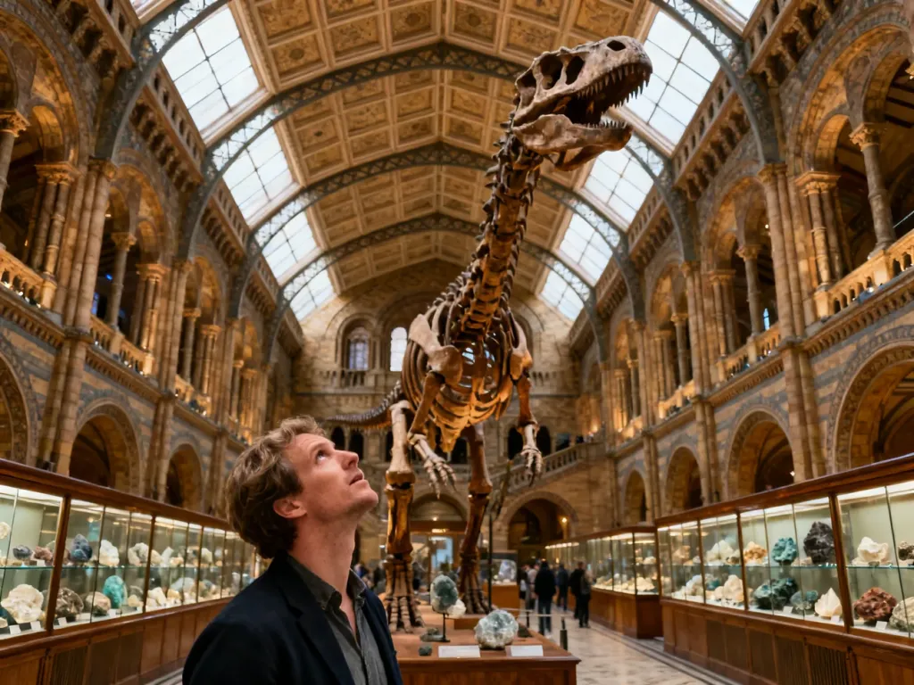 Zwiedzający podziwia ogromny szkielet dinozaura w bogato zdobionych wnętrzach Muzeum Historii Naturalnej w Wiedniu.