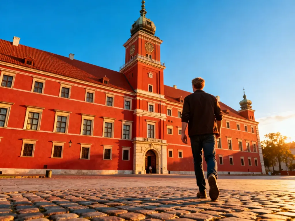 Zamek Królewski w Warszawie oświetlony promieniami zachodzącego słońca, z turystą spacerującym po brukowanym placu.