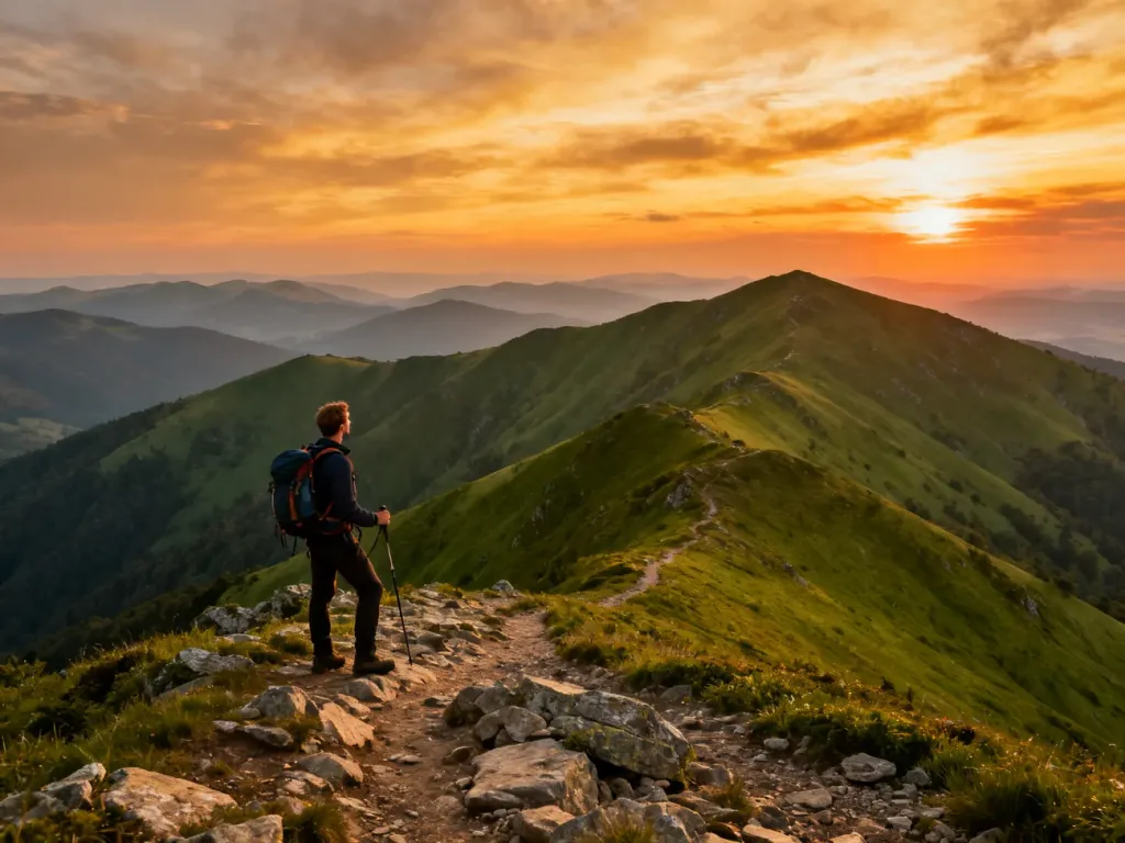 Turysta w stroju trekkingowym podziwia panoramę bieszczadzkich połonin podczas zachodu słońca.