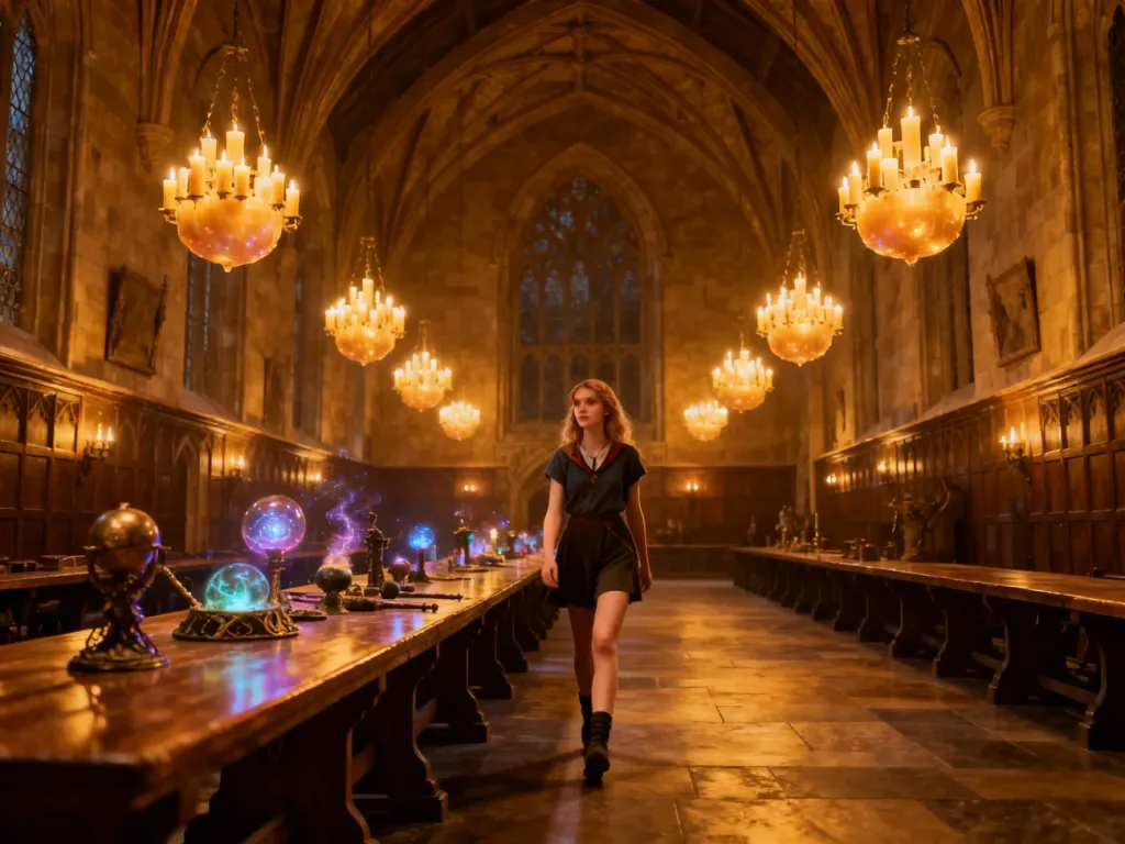 Turystka spacerująca po Wielkiej Sali w studiu Warner Bros., wypełnionej magicznymi rekwizytami i wiszącymi świecami.