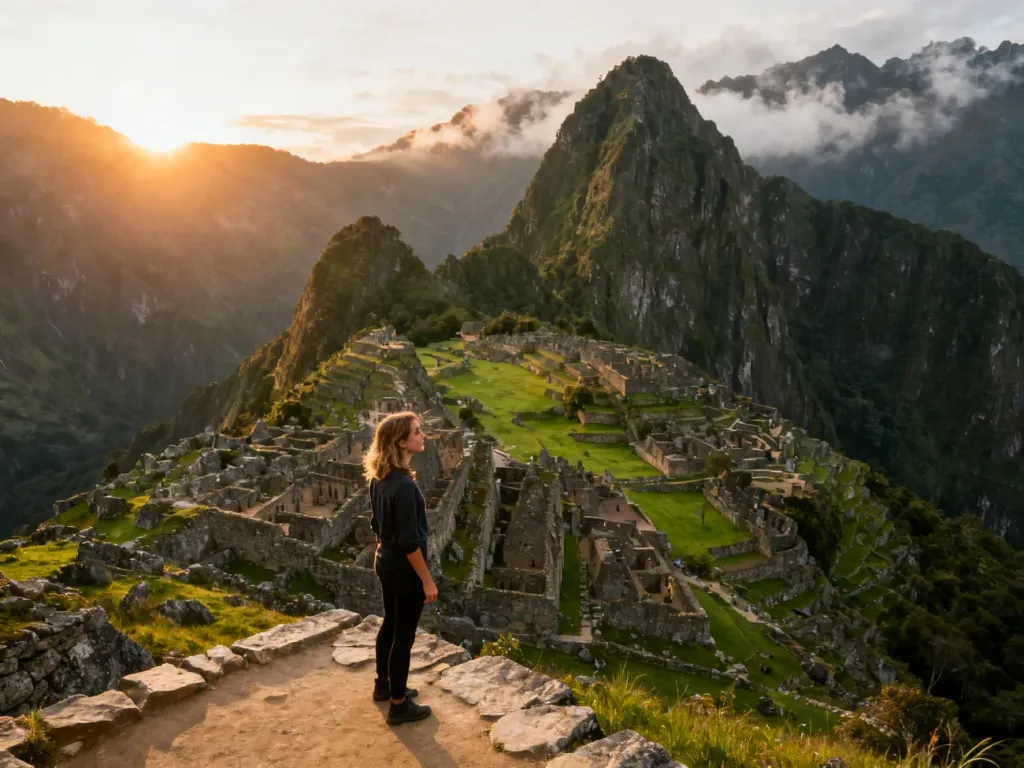 Turystka podziwiająca panoramę Machu Picchu o wschodzie słońca wśród andyjskich szczytów.