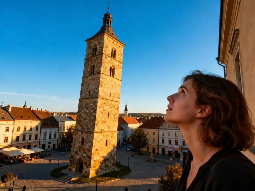 Turystka podziwiająca Krzywą Wieżę w Ząbkowicach Śląskich na tle malowniczego rynku w promieniach zachodzącego słońca.