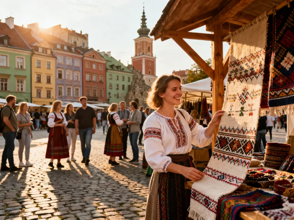 Uczestniczka Jarmarku Jagiellońskiego ogląda rękodzieło na tle zabytkowej zabudowy lubelskiego Starego Miasta.