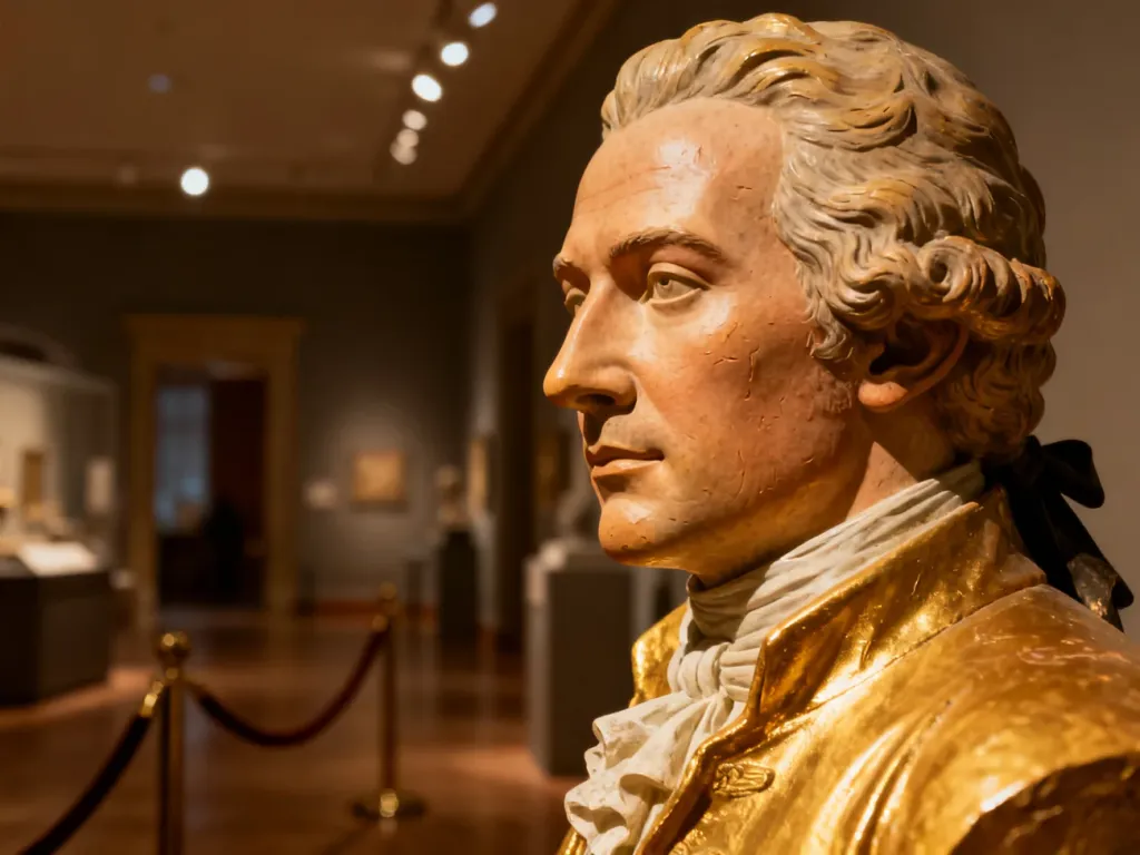 Zbliżenie na niezwykle realistyczną figurę woskową postaci historycznej w eleganckim wnętrzu krakowskiego muzeum.