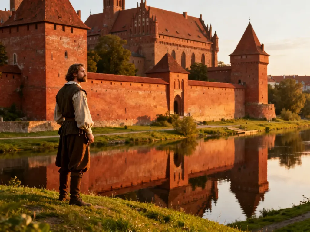 Mężczyzna w historycznym stroju podziwia zamek w Malborku podczas złotej godziny, z widokiem na mury odbijające się w rzece.