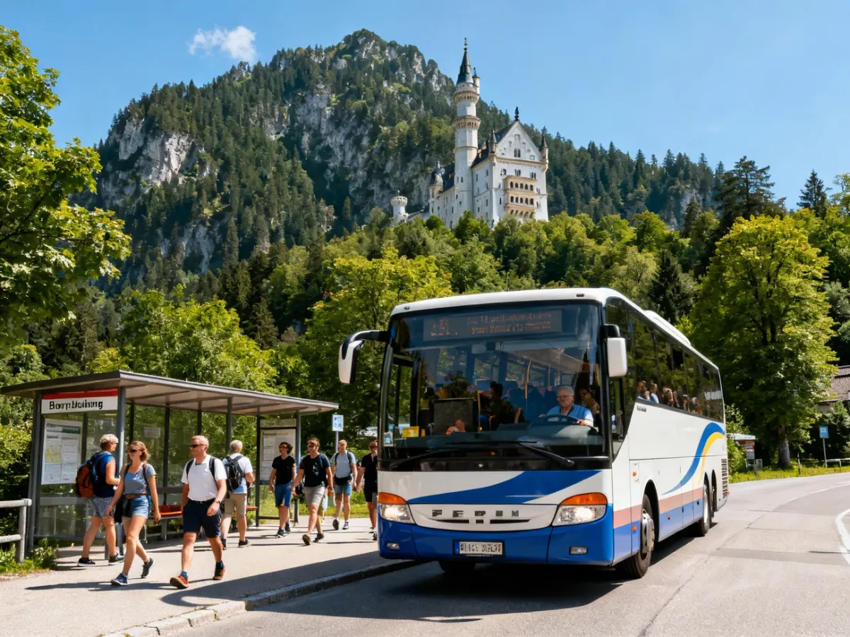 Turyści przy autobusie w Hohenschwangau z zamkiem Neuschwanstein w tle