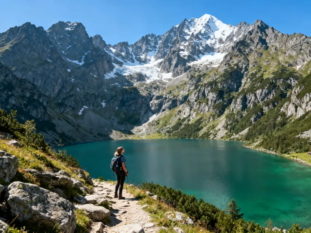 Turystka w stroju trekkingowym podziwia panoramę szmaragdowego Morskiego Oka na tle ośnieżonych szczytów Tatr.