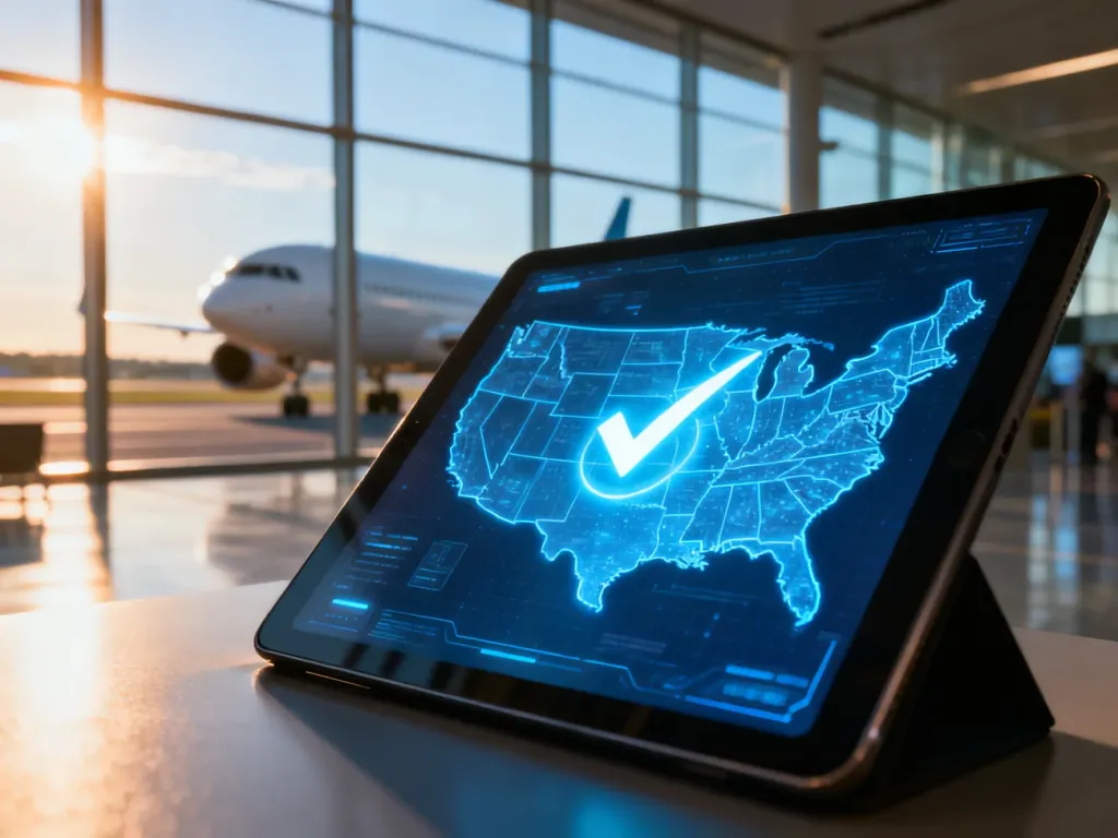 Tablet z cyfrową mapą USA i symbolem zatwierdzenia na tle terminala lotniczego, symbolizujący proces uzyskania autoryzacji ESTA.