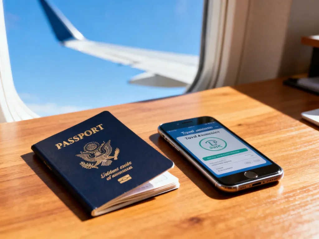 Otwarty paszport USA i smartfon z ekranem autoryzacji podróży na tle skrzydła samolotu, symbolizujące przygotowania do wyjazdu.