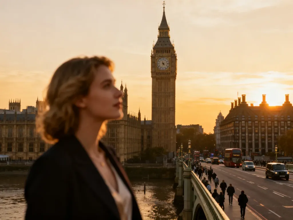 Widok na wieżę Elizabeth i Big Ben o zachodzie słońca z perspektywy turystki na moście Westminster.
