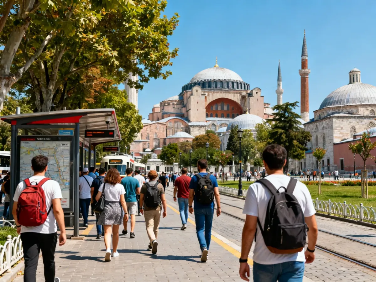 Turyści idący z przystanku Sultanahmet w stronę Hagia Sophii