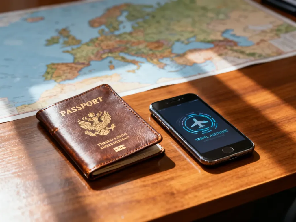 Stary skórzany paszport obok smartfona z ikoną cyfrowej autoryzacji podróży na tle mapy Europy.