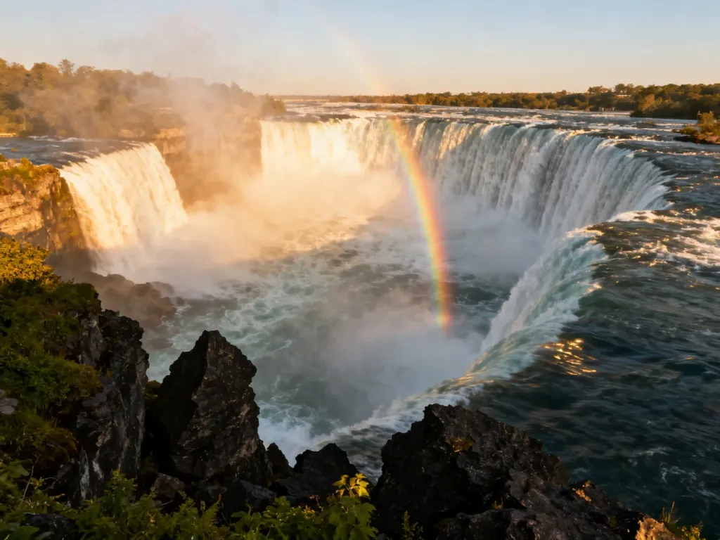 Wodospad Niagara o zachodzie słońca z widoczną tęczą w unoszącej się mgle. Szeroki kadr ukazujący potęgę kaskad.