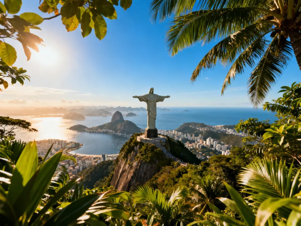 Pomnik Chrystusa Odkupiciela na szczycie góry Corcovado z panoramicznym widokiem na Rio de Janeiro w słoneczny dzień.