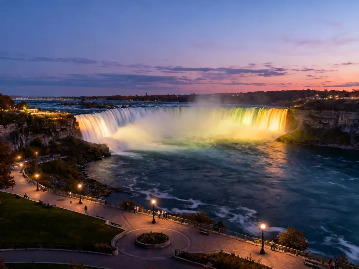 Podświetlone wodospady Niagara wieczorem