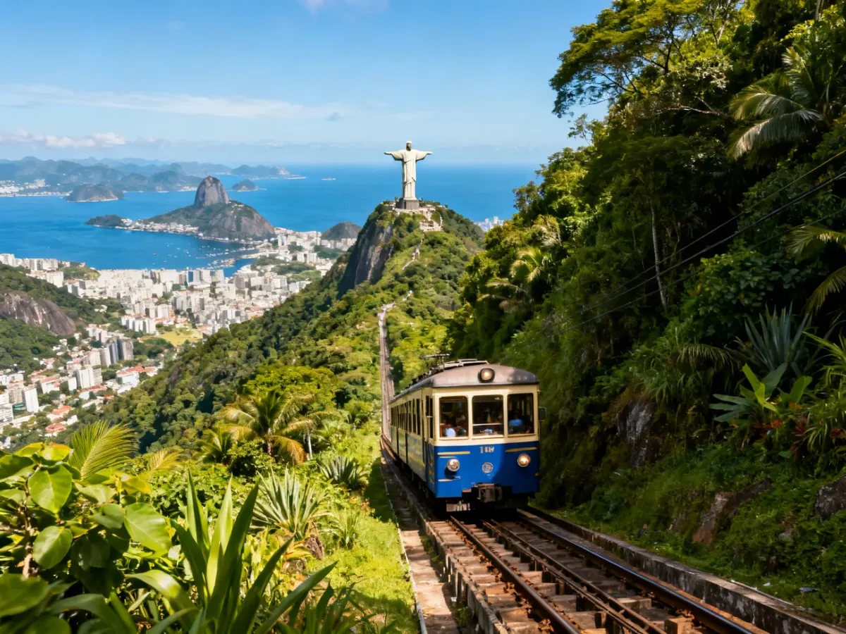 Kolejka Trem do Corcovado na tle zalesionych stoków Rio de Janeiro