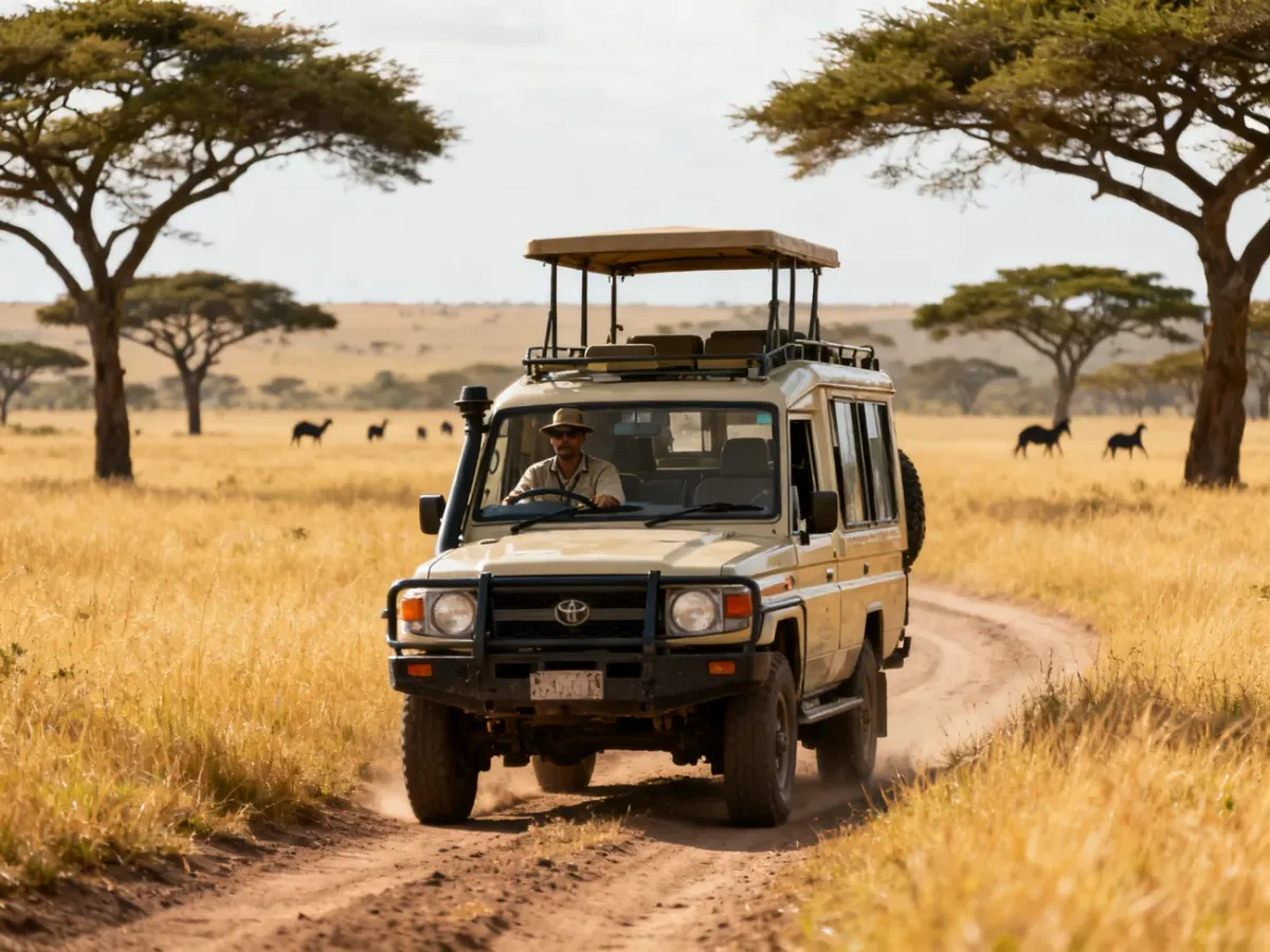 Jeep safari przemierzający równiny Serengeti