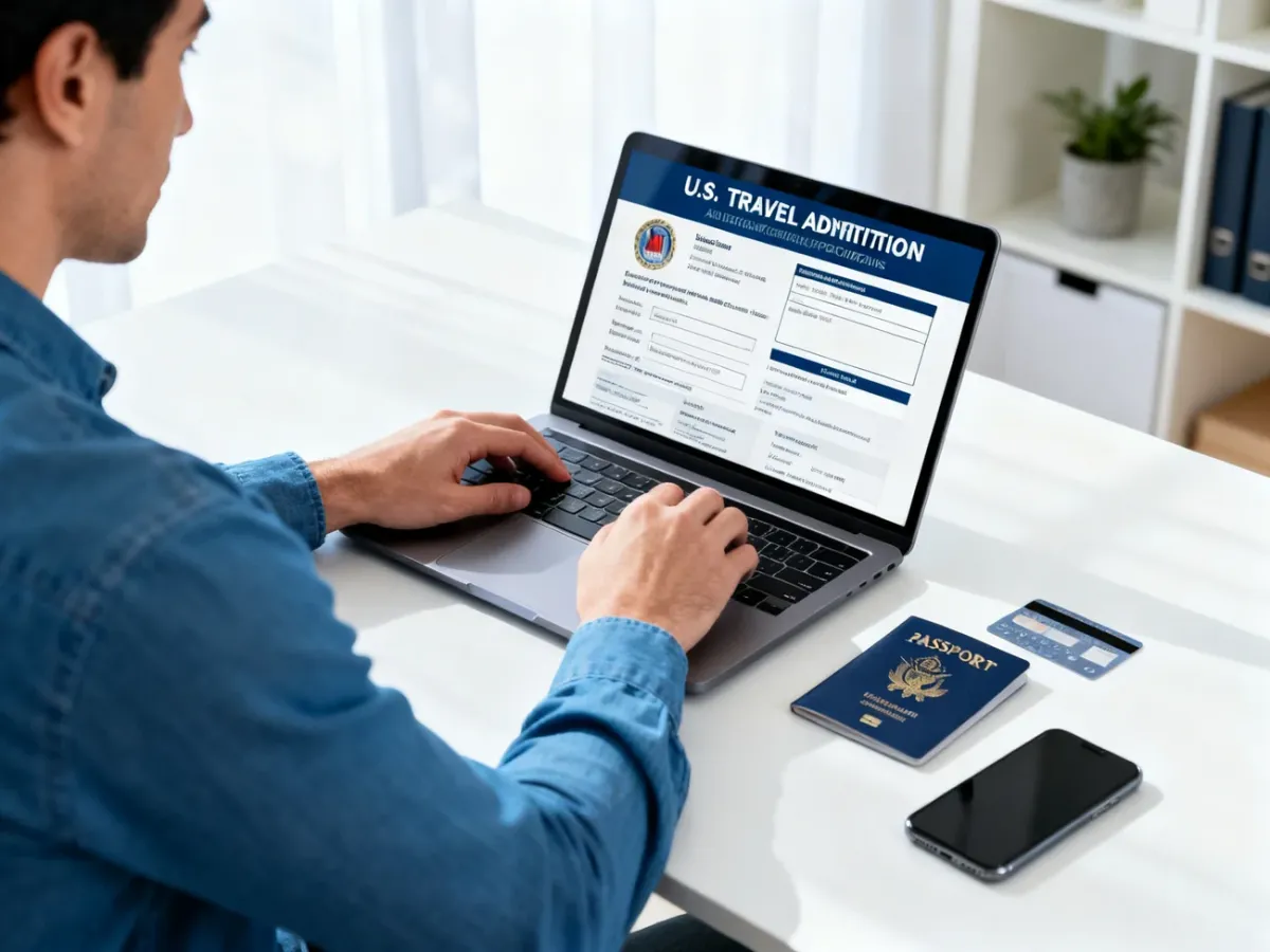 Podróżny sprawdza formularz ESTA na laptopie obok paszportu i karty płatniczej