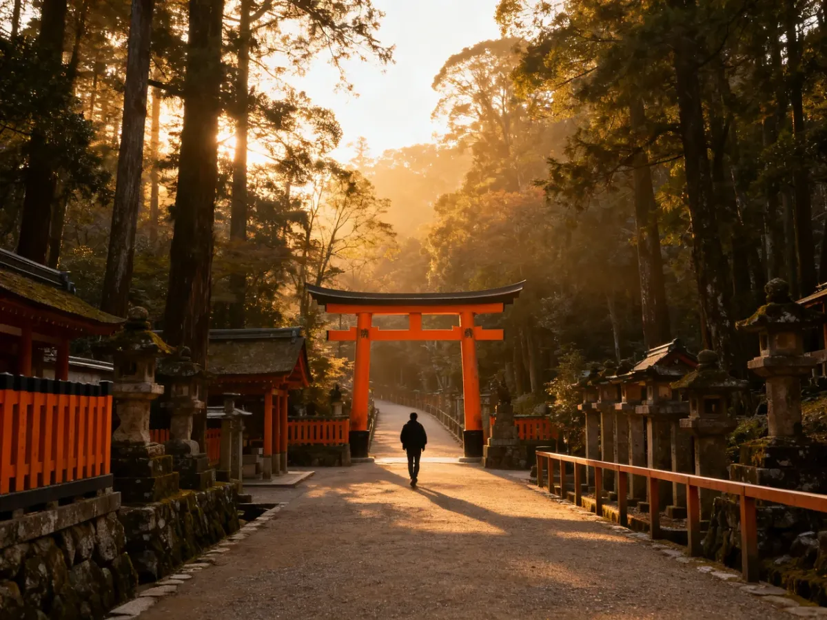 Wczesnoporanny widok głównej bramy Fushimi Inari i wejścia na szlak torii