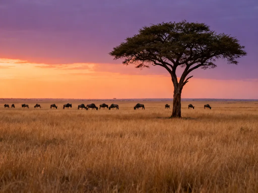 Wschód słońca nad sawanną w Parku Narodowym Serengeti z samotną akacją i stadem gnu na horyzoncie.
