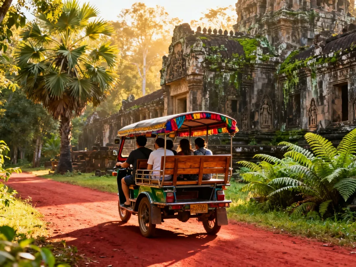 Tuk-tuk na drodze w kompleksie Angkor wśród tropikalnej roślinności i ruin świątyń