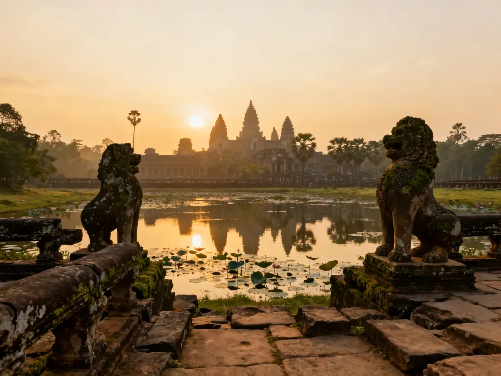 Złocisty wschód słońca nad kompleksem świątynnym Angkor Wat, odbijający się w spokojnych wodach stawu z kwiatami lotosu.