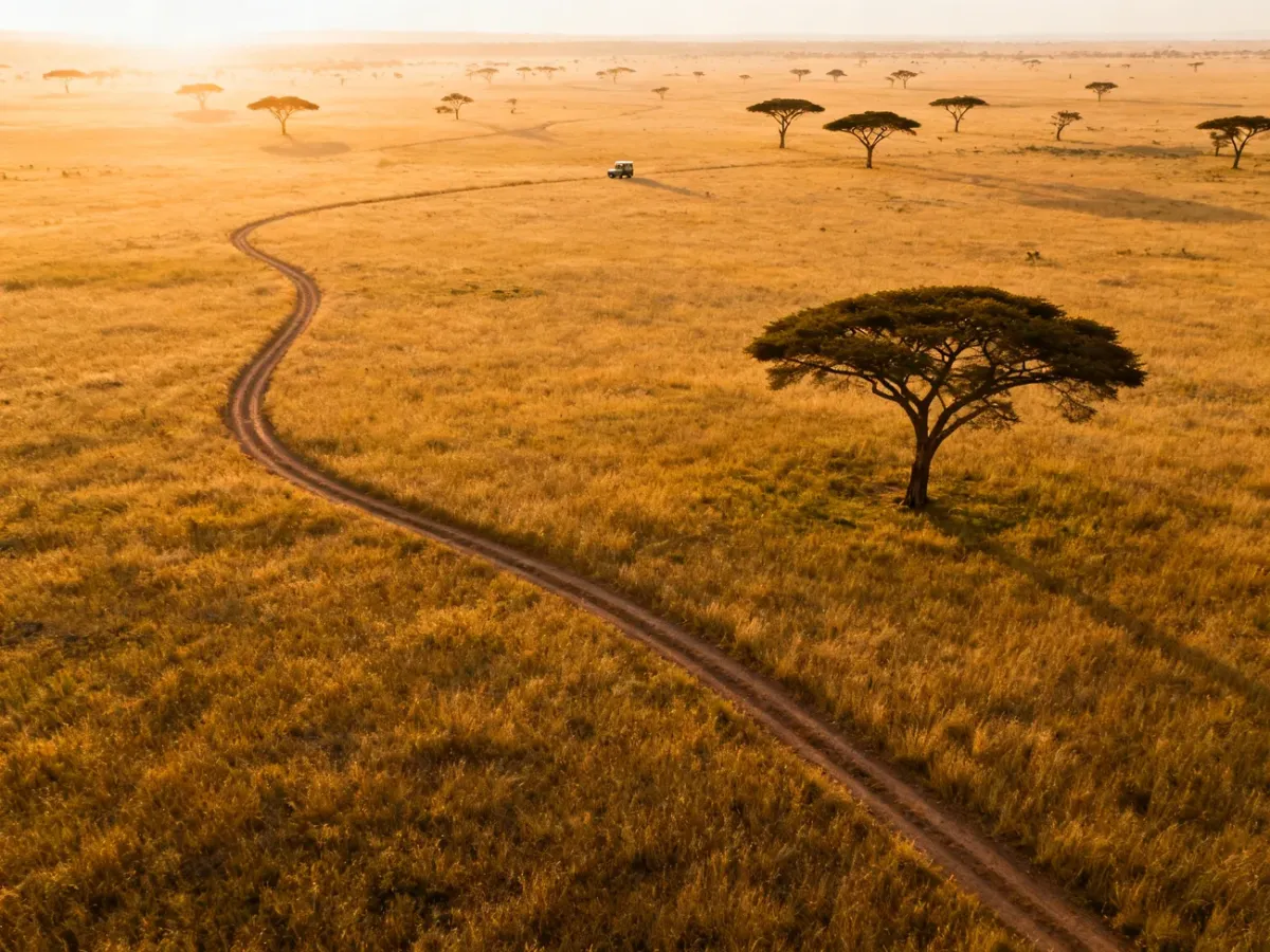 Rozległe równiny Serengeti o wschodzie słońca