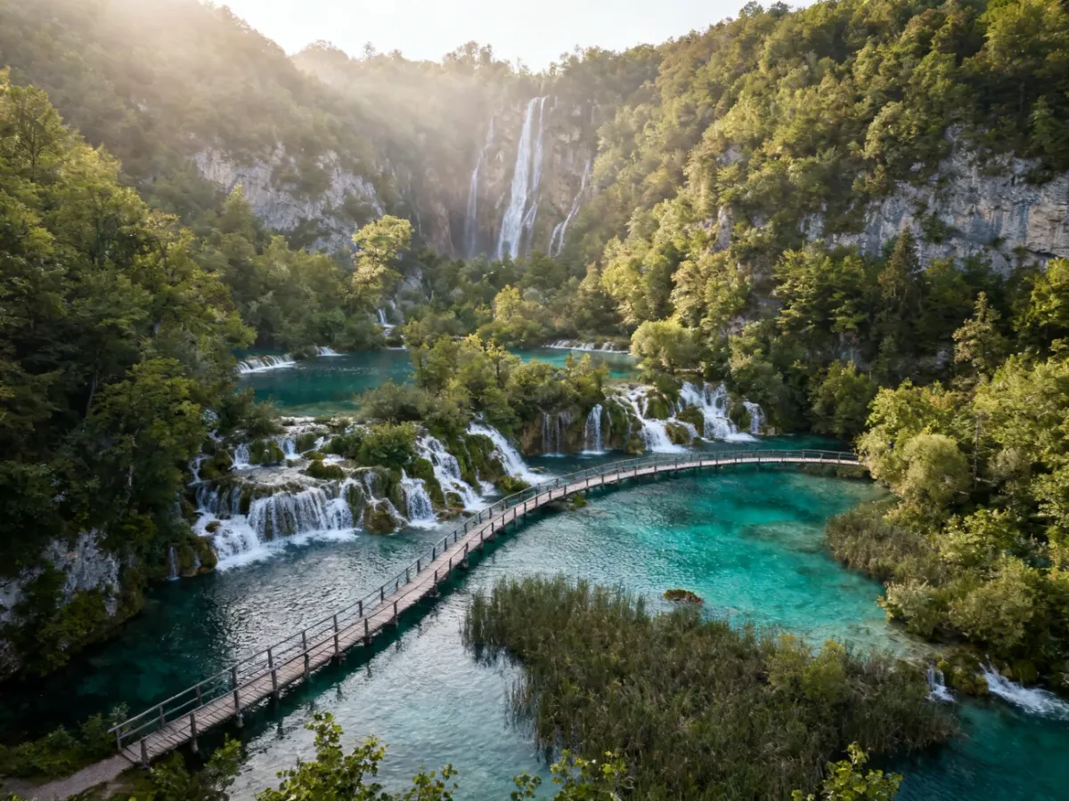 Panoramic view of Plitvice Lakes with waterfalls and wooden walkways