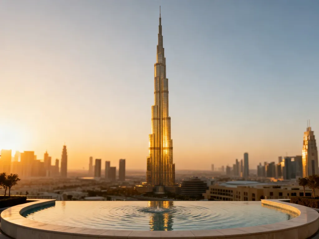 Burdż Chalifa o zachodzie słońca, górująca nad panoramą Dubaju z odbiciem w fontannie.