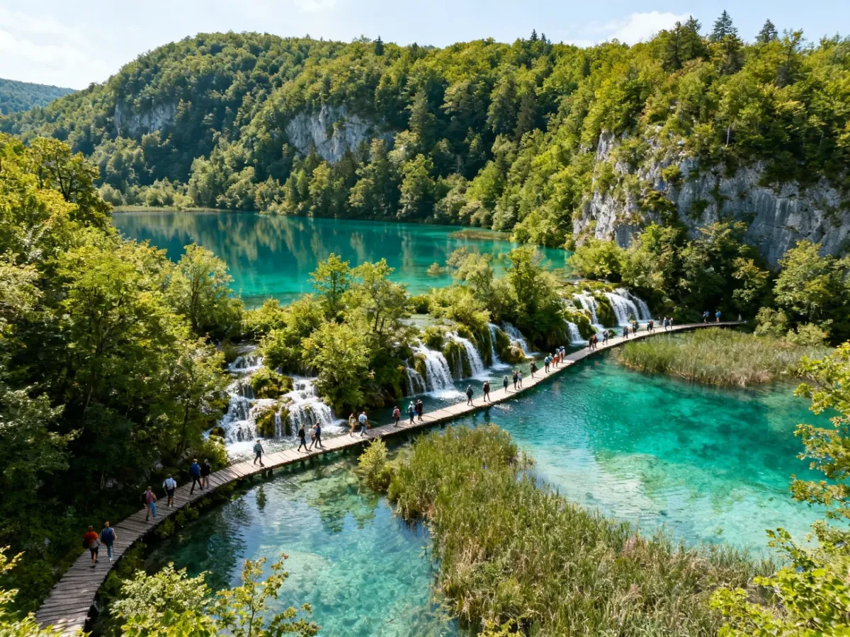 Tourists walking along a wooden path beside the lakes