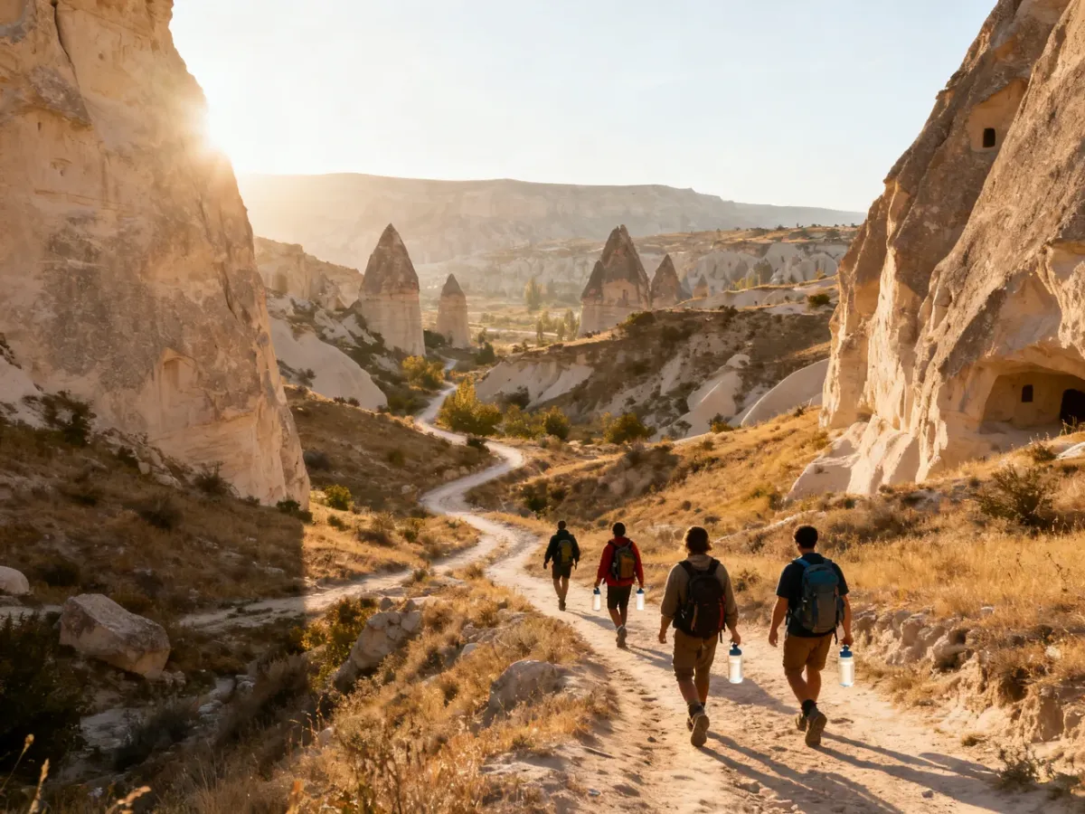 Turyści podczas trekkingu wśród formacji skalnych Kapadocji