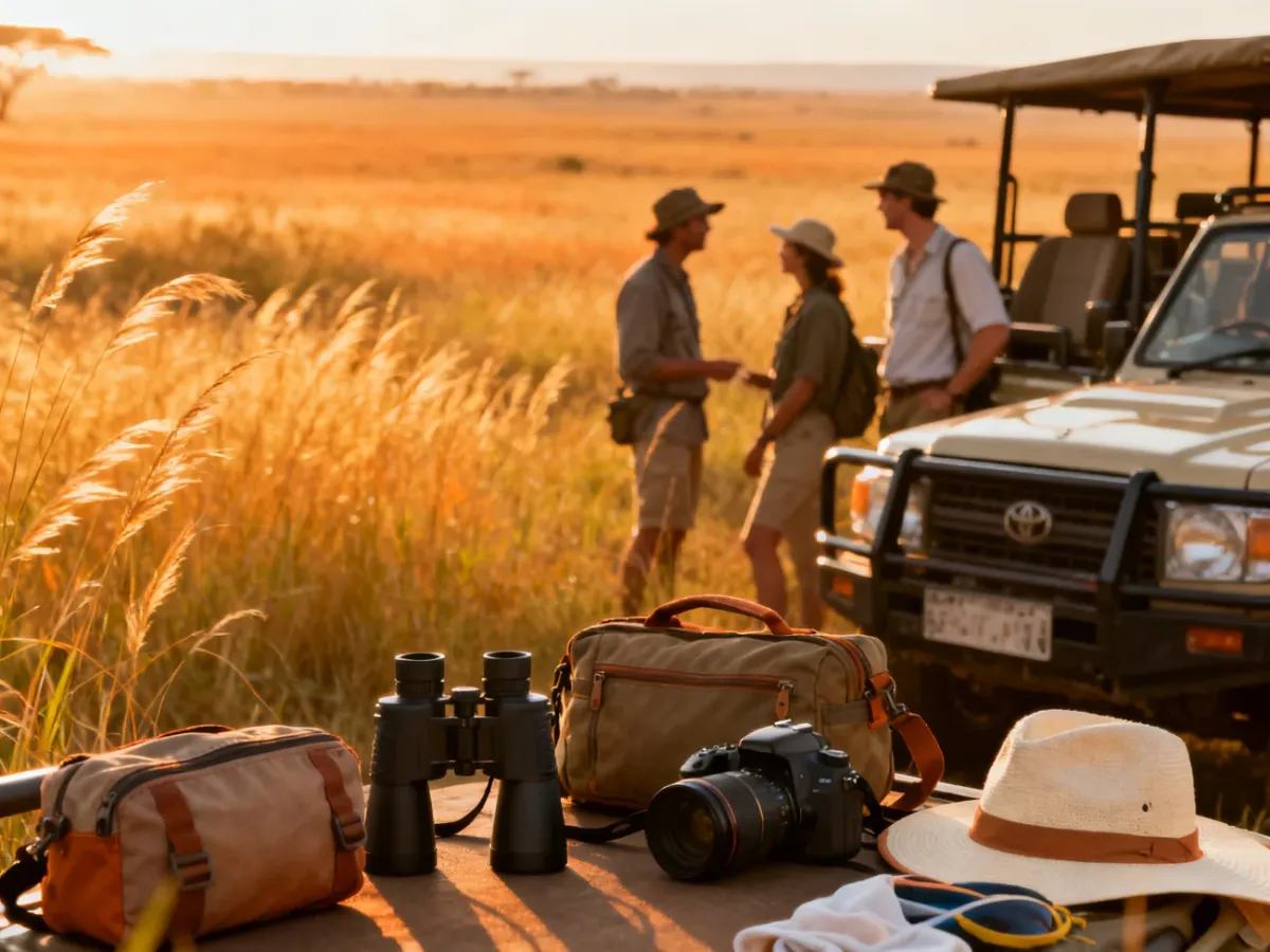 Podróżni przygotowujący się do safari w Serengeti