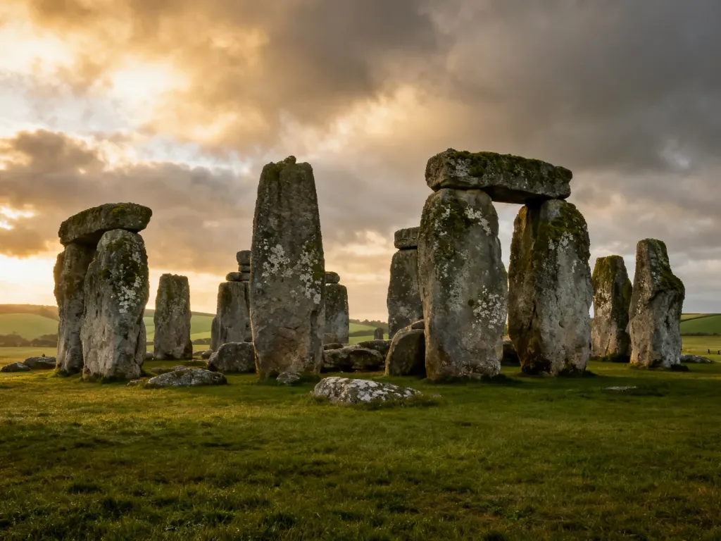 Starożytny krąg kamienny Stonehenge na tle malowniczego, zachmurzonego nieba na równinie Salisbury.