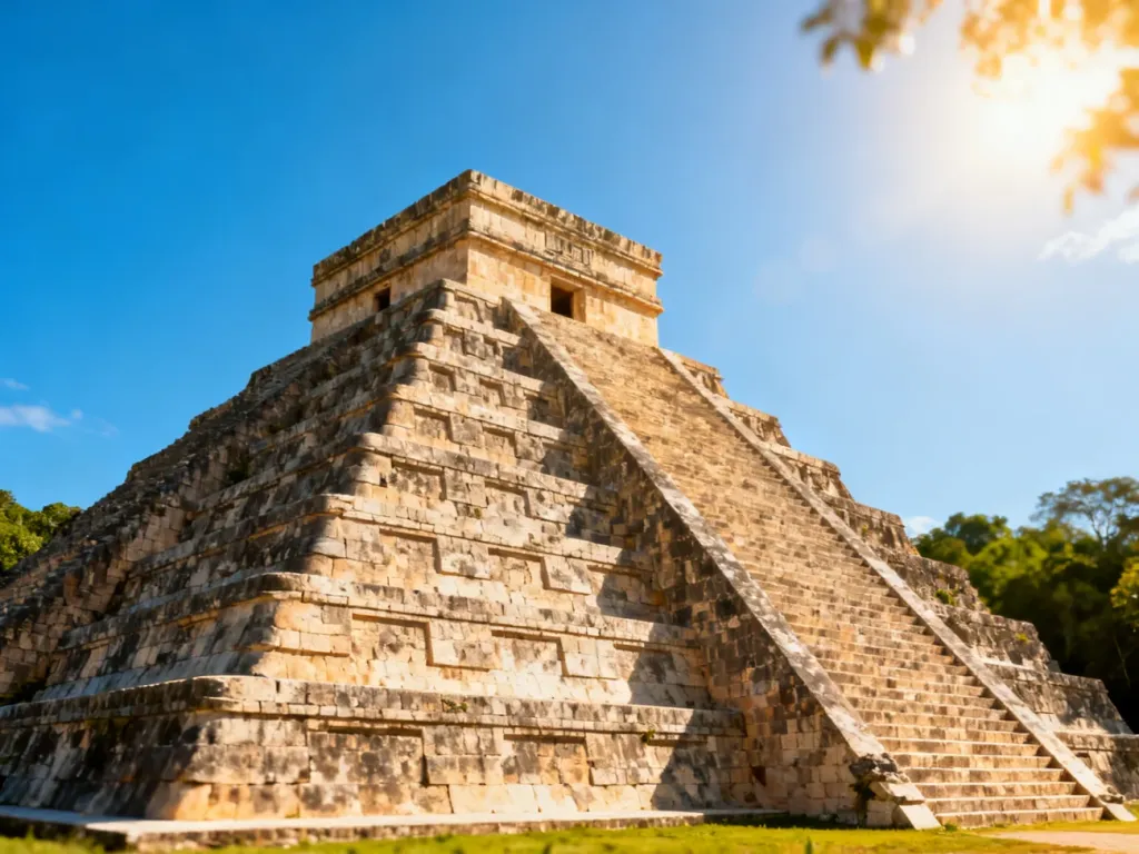 Majestatyczna piramida El Castillo w Chichén Itzá w pełnym słońcu na tle błękitnego nieba i tropikalnej roślinności.
