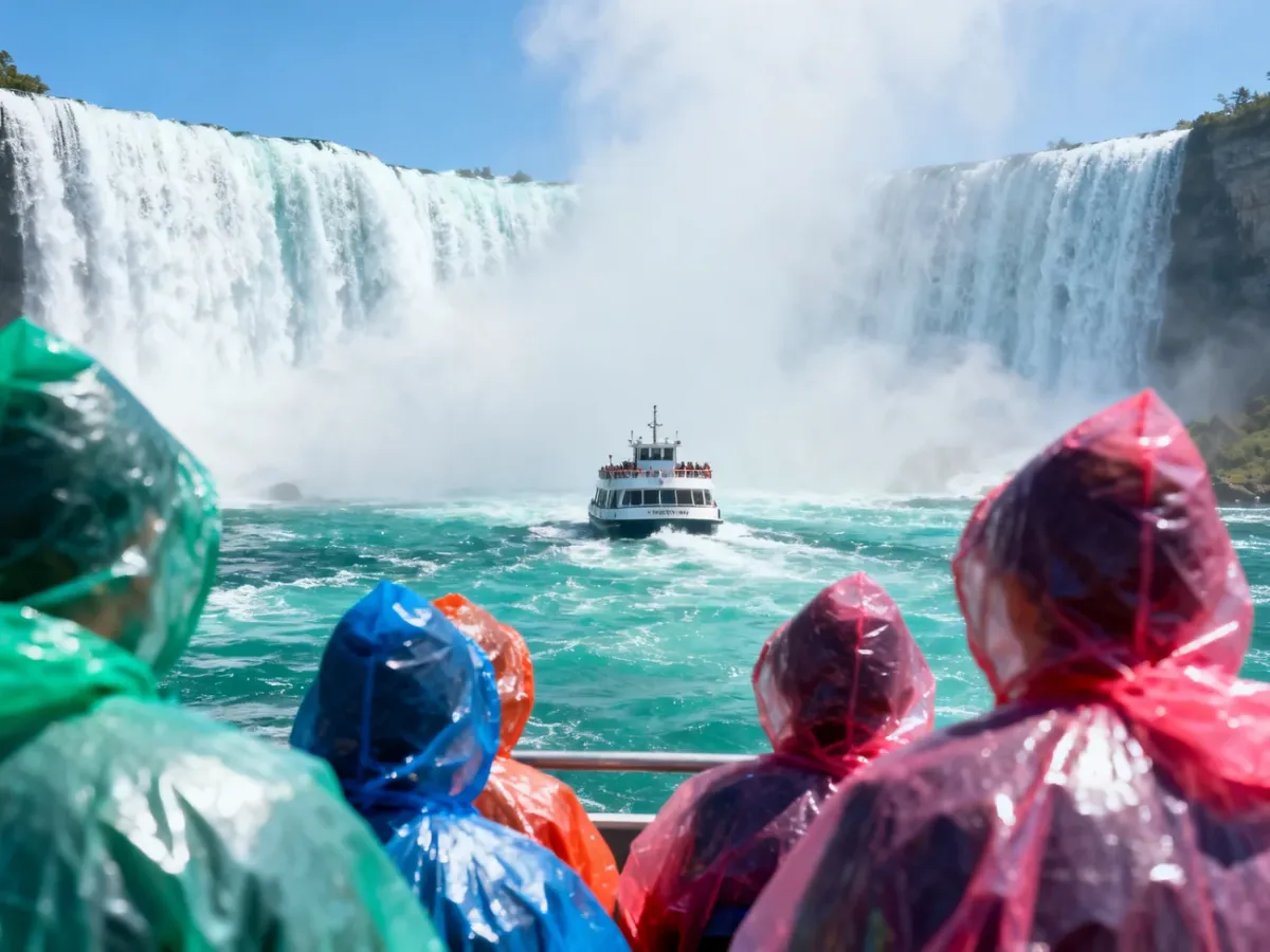 Statek wycieczkowy z turystami podpływający pod wodospad Niagara