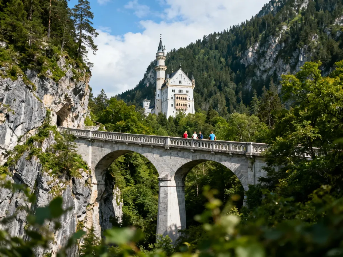 Widok na Neuschwanstein z mostu Marienbrücke