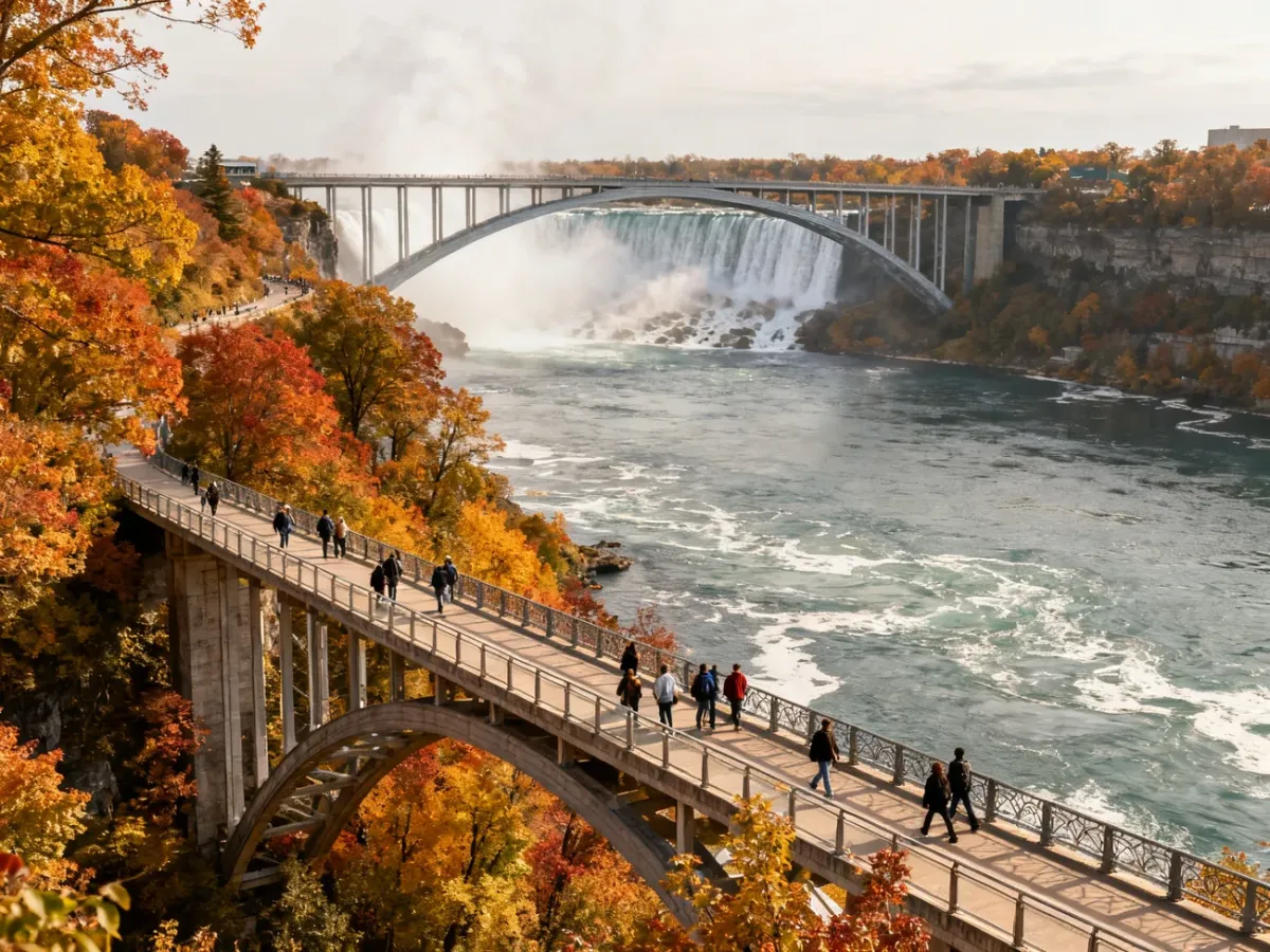 Piesi przechodzący przez Rainbow Bridge z widokiem na Niagarę