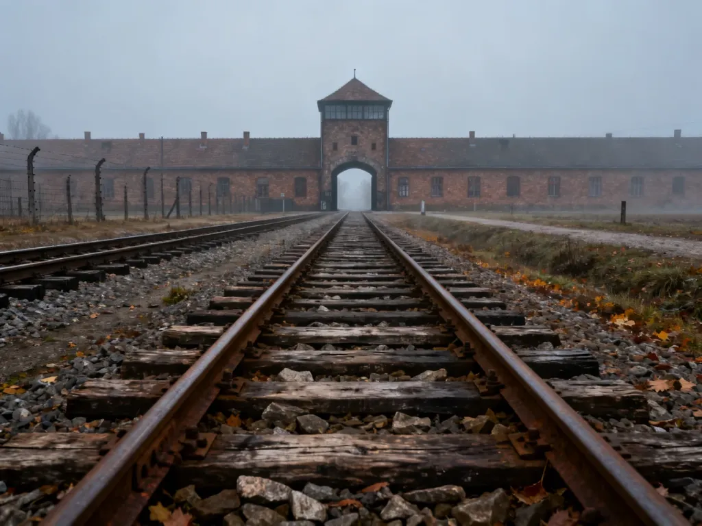 Mglista jesienna poranna sceneria z torami kolejowymi prowadzącymi do bramy wjazdowej obozu Auschwitz-Birkenau.