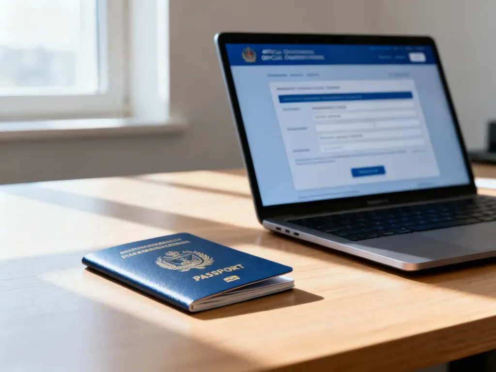 Biometryczny paszport leżący na biurku obok laptopa z otwartym rządowym portalem do składania wniosków online.