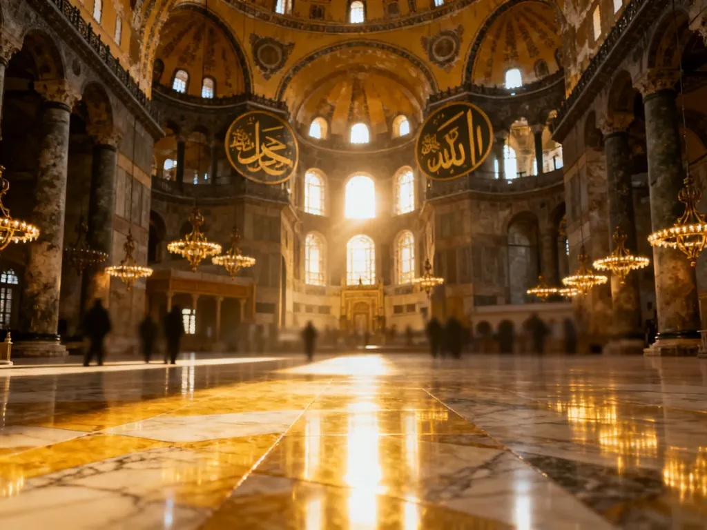 Wnętrze meczetu Hagia Sophia z monumentalną kopułą, złotą kaligrafią i światłem wpadającym przez wysokie okna.