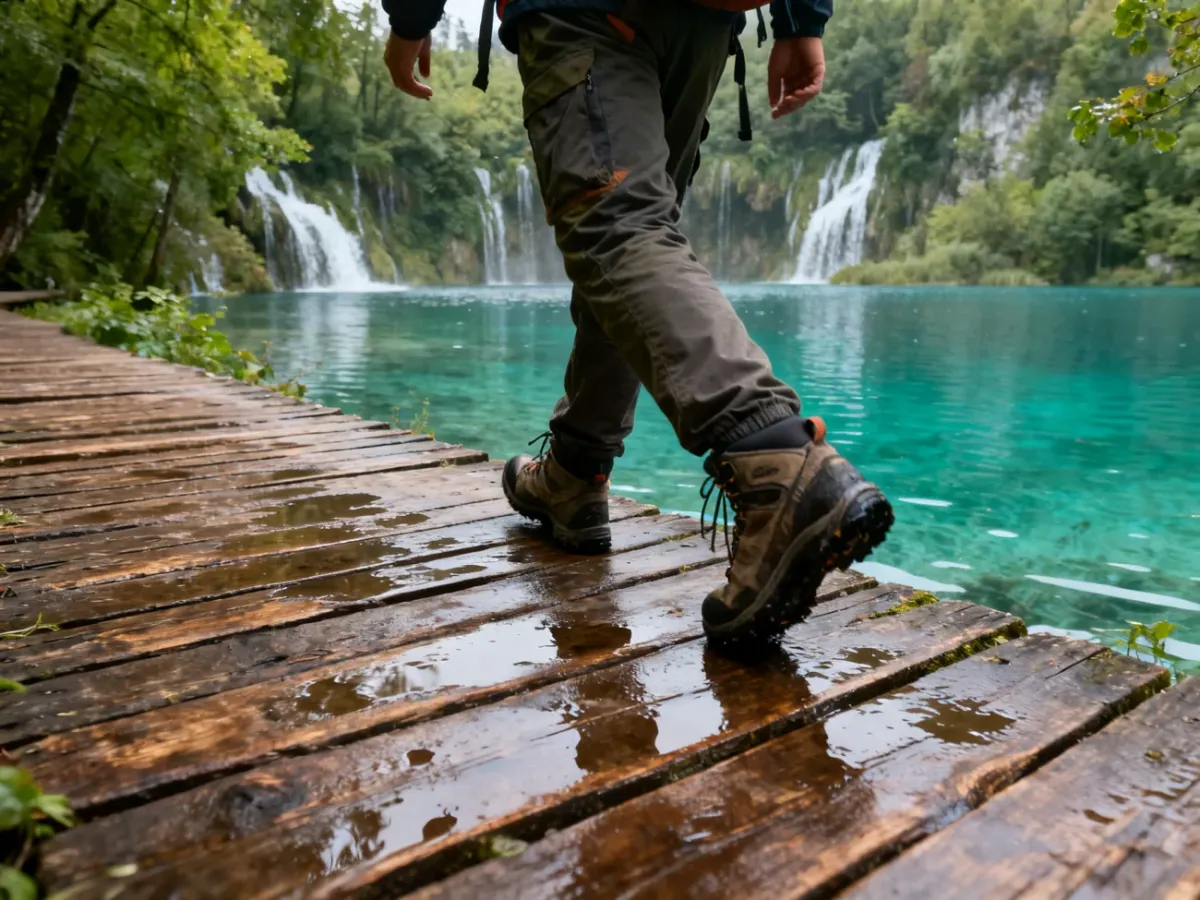 Hiker walking carefully on a wet boardwalk beside a Plitvice lake