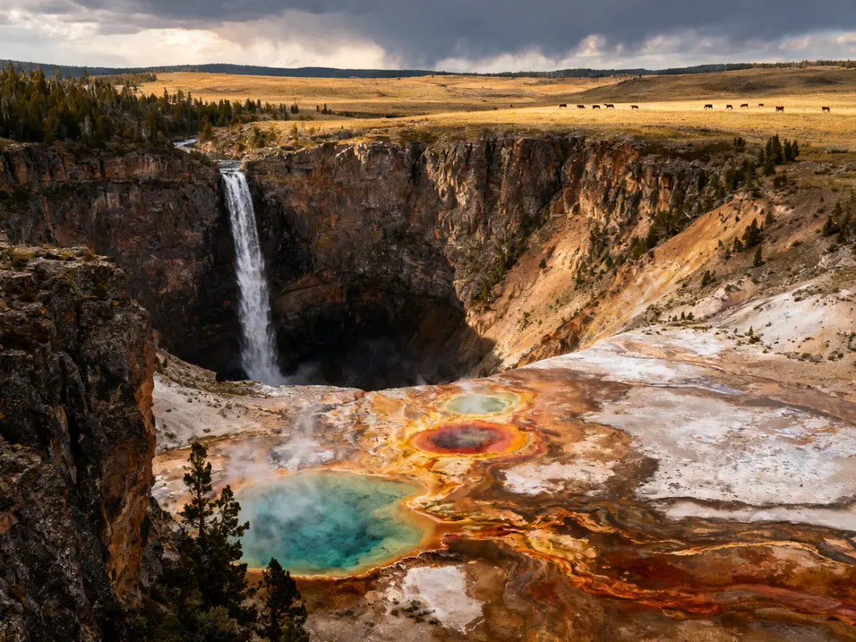 Krajobraz Yellowstone z kanionem, wodospadem i źródłami geotermalnymi