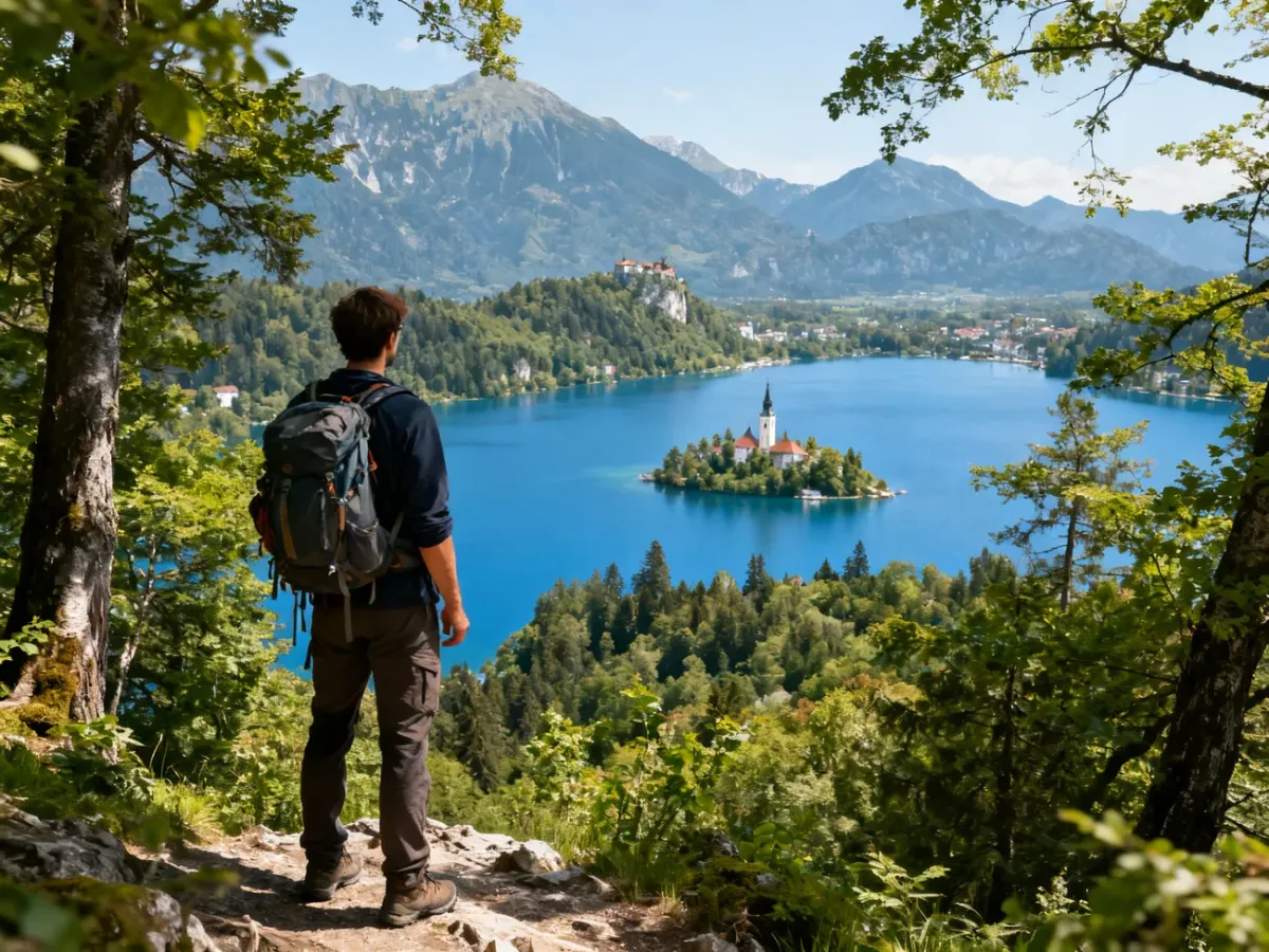 Widok z punktu Ojstrica na Jezioro Bled, wyspę i zamek