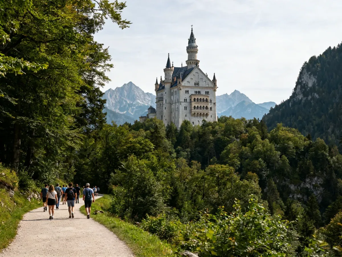 Zamek Neuschwanstein na zalesionym wzgórzu w Alpach Bawarskich