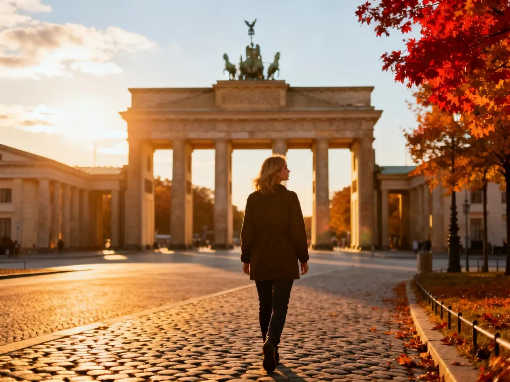 Kobieta spacerująca w stronę Bramy Brandenburskiej w Berlinie o zachodzie słońca w jesiennej scenerii.