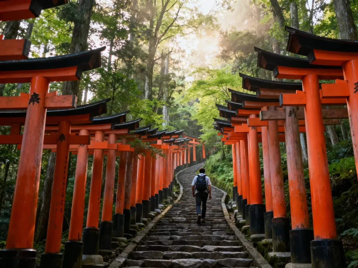 Spacer przez gęsty tunel czerwonych bram torii na górze Inari