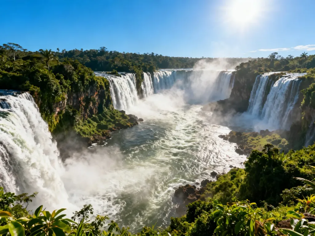 Panoramiczny widok na potężne wodospady Iguazú otoczone bujną tropikalną roślinnością w słoneczny dzień.