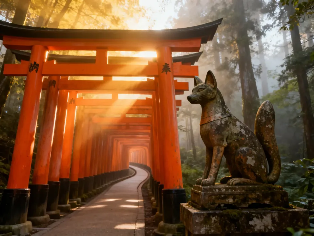 Kamienna figura lisa na tle malowniczego tunelu z cynobrowych bram torii w świątyni Fushimi Inari w Kioto.