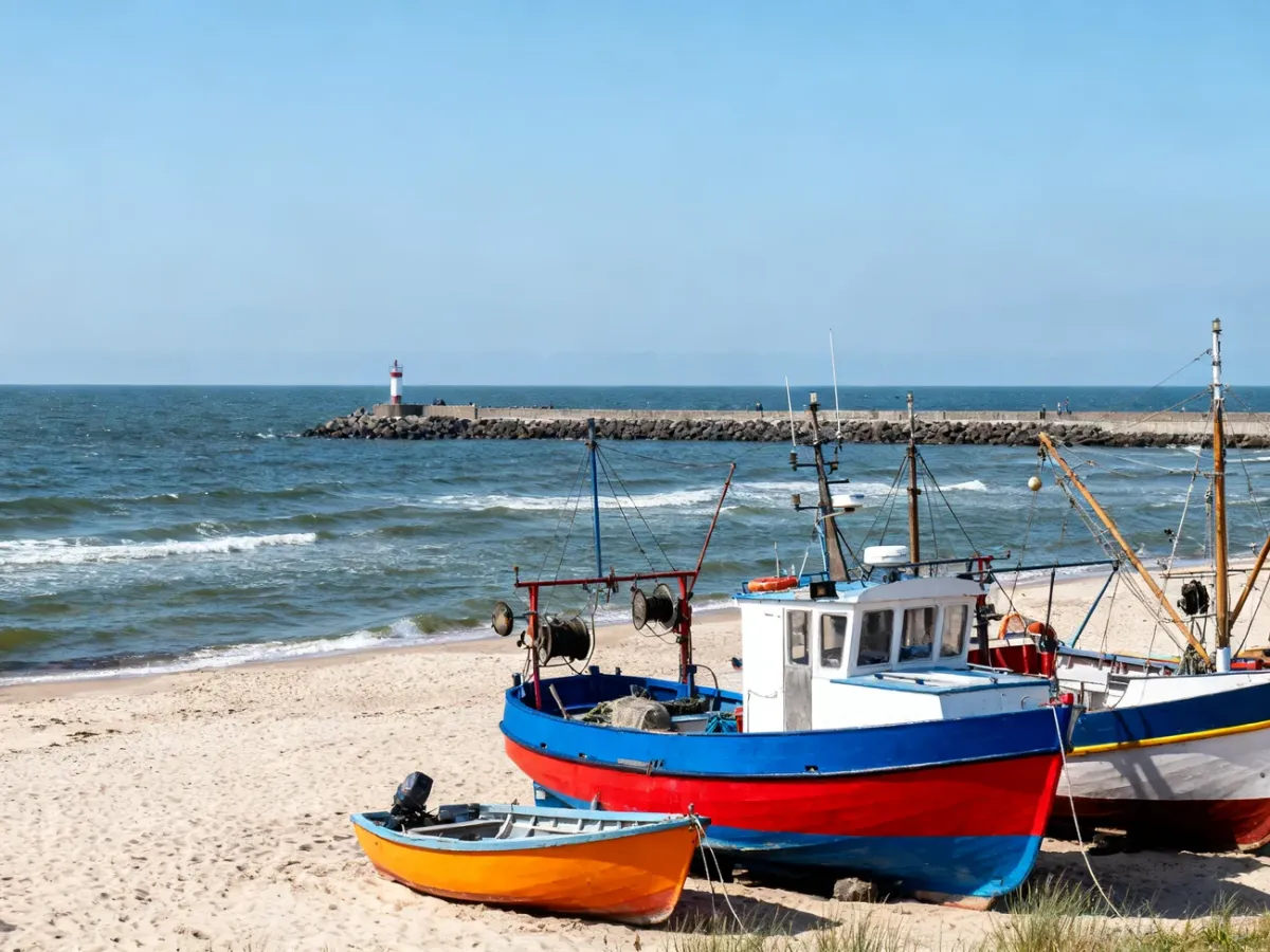 Port we Władysławowie z kutrami i falochronem nad Bałtykiem